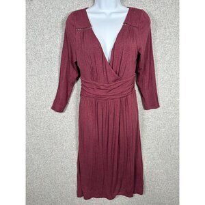 Maeve Medium Womens Dress Low Cut V-Neck Burgundy Stretch Faux Wrap Knee Length